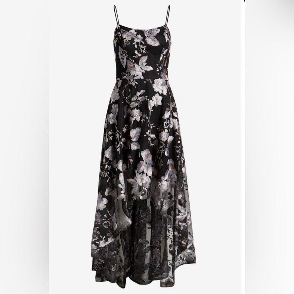 Black High/Low Formal Dress
pink/ blue embroidery